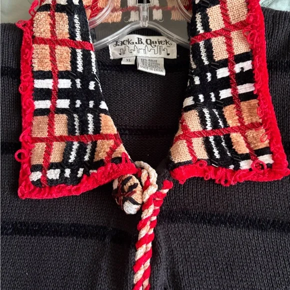 Black Cardigan with Red and Plaid Accents - Picture 3 of 6